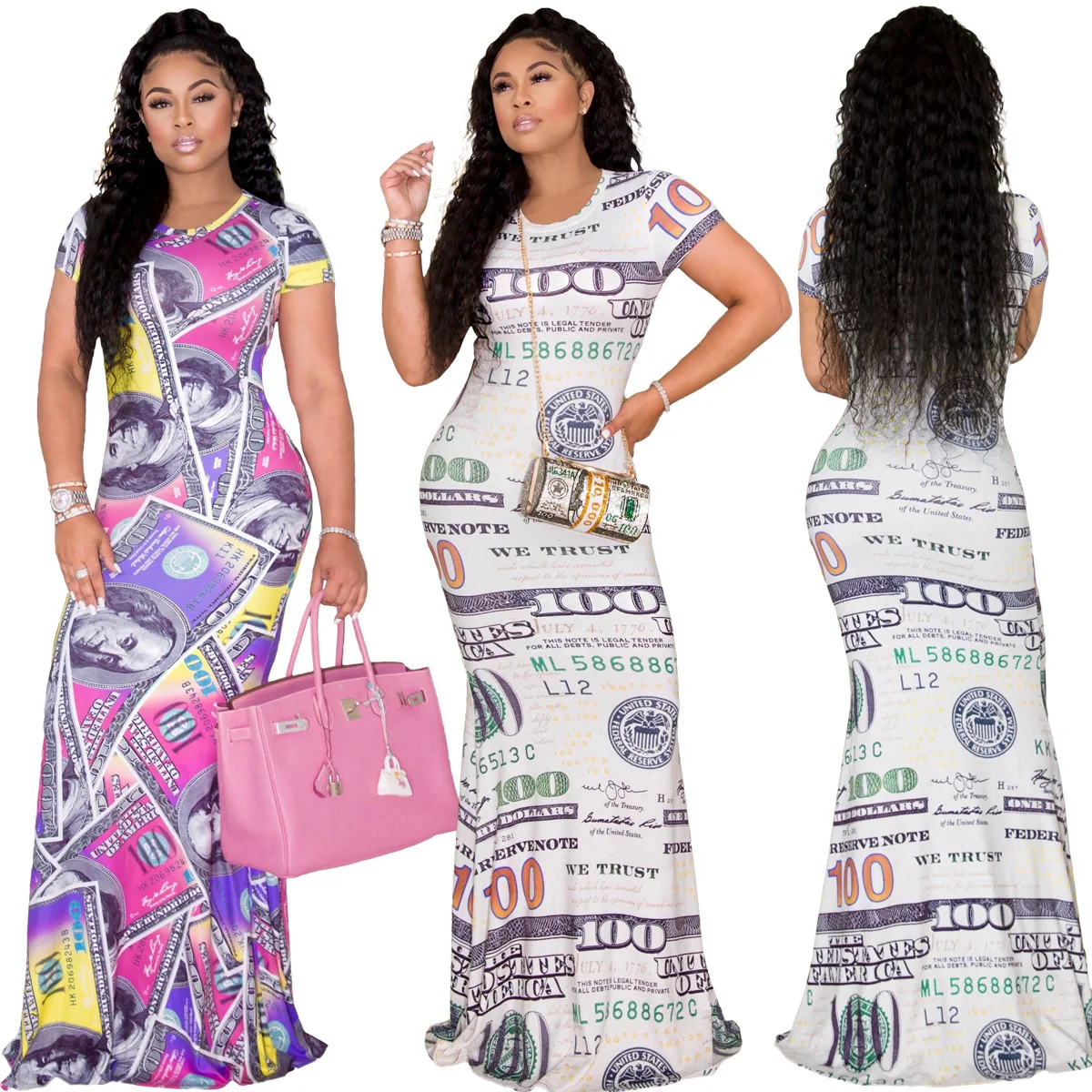 

2021 Hot Sale Sexy Dollar Printing Summer Package Hip Maxi Dress Women, 2 colors