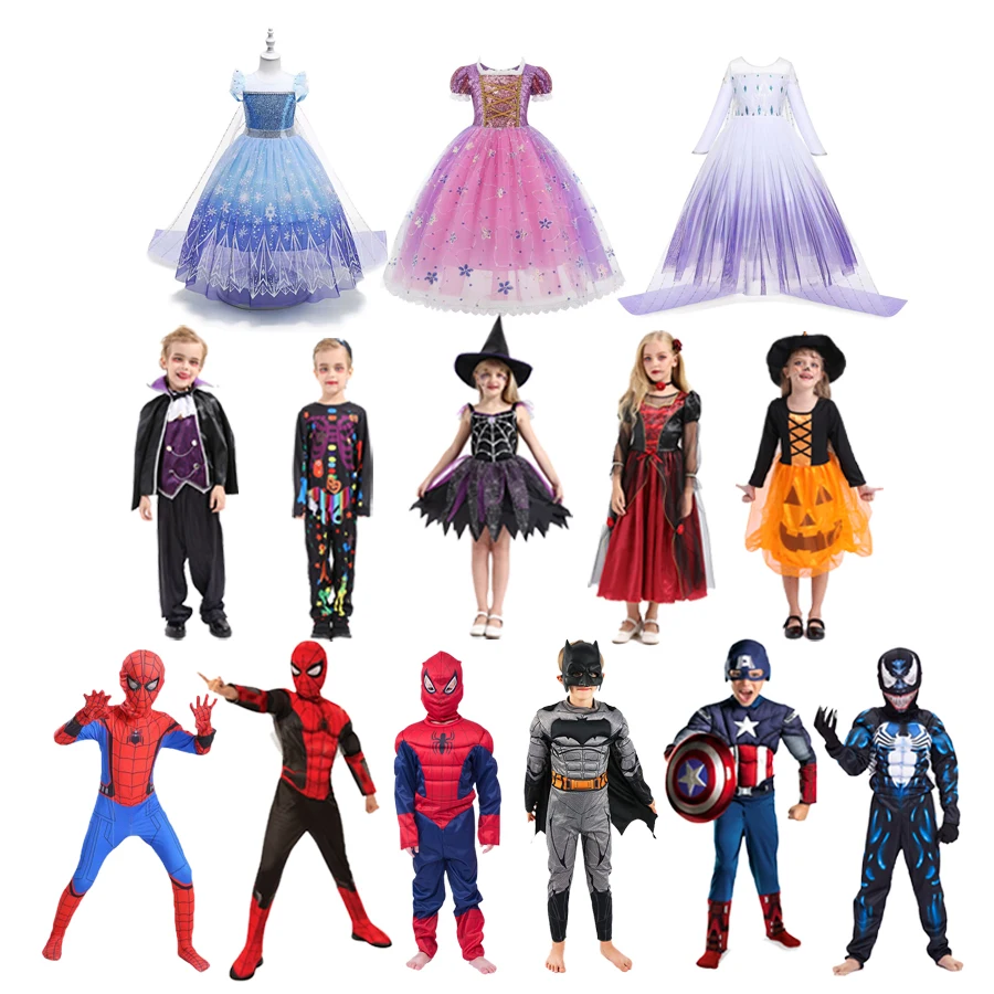 

Kids Carnival Halloween Costume Elsa Rapunzel Princess Dress Spiderman Cosplay Party Costume For Child, As picture