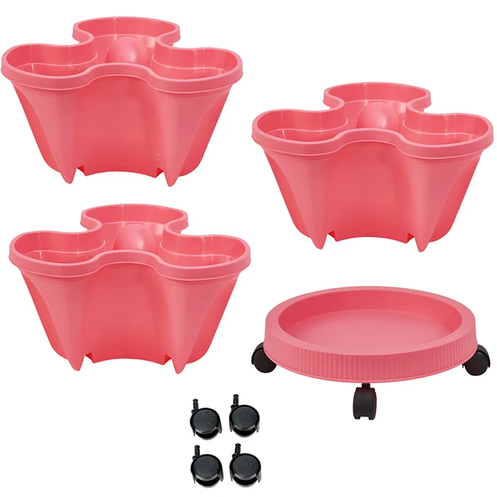 

Hot Sale 3 Petals 3 Tier Stand Stacking Planters Strawberry Planting Pots with Mobile Tray, Customized color acceptable