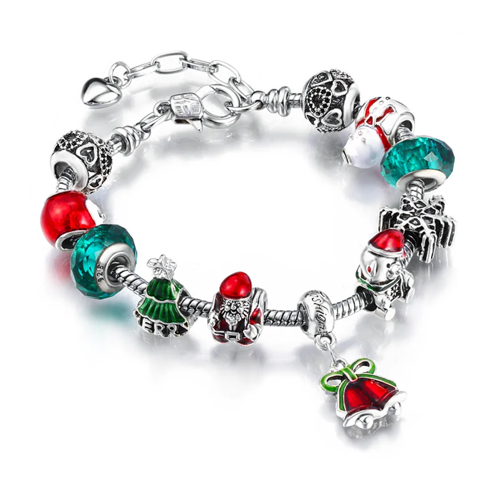 

Fashion Christmas Series Ruby Emerald Crystal Beaded Santa Claus Charm Bracelet Silver Snake Red Greed Glass Beads Bracelet