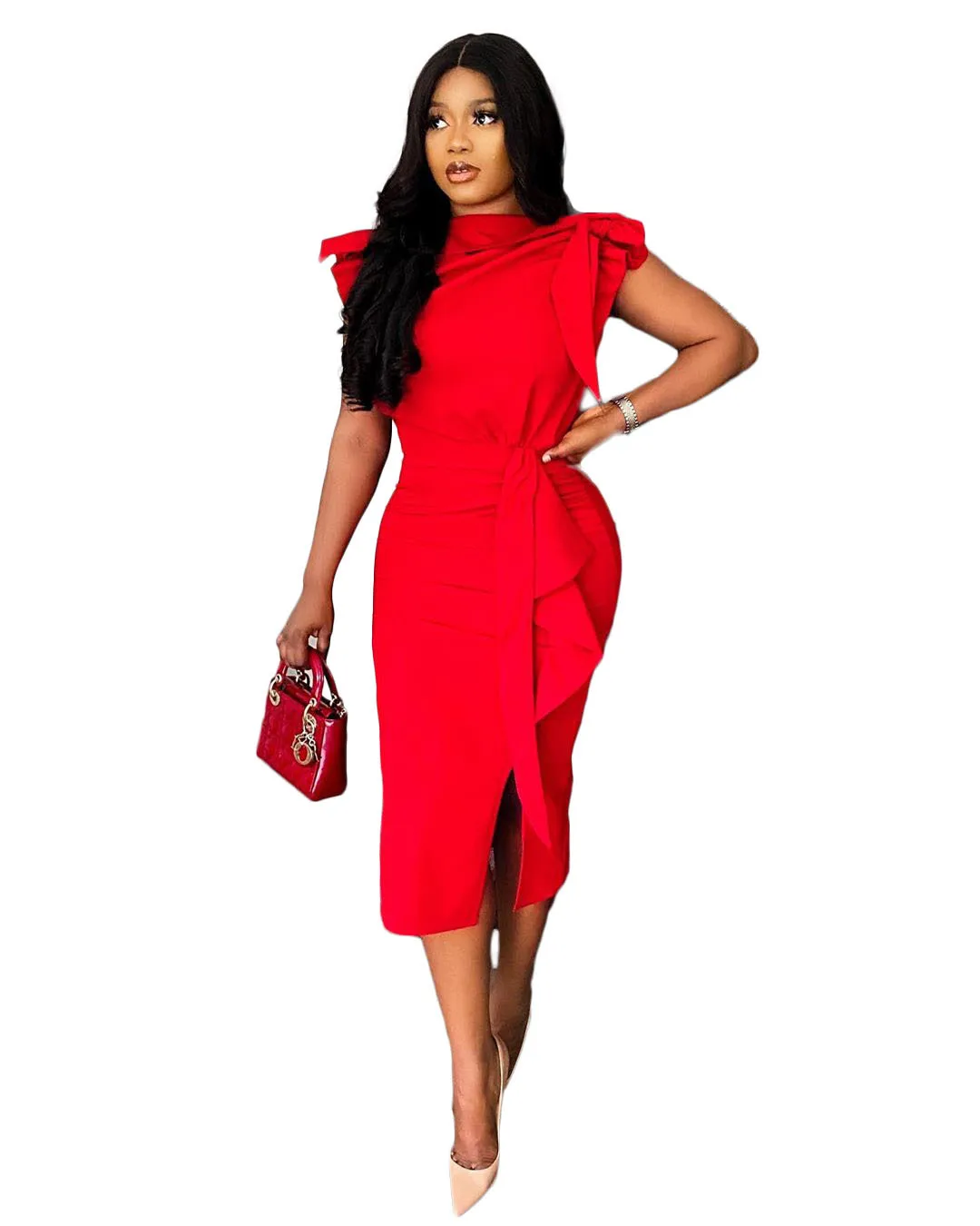 

Women's Fashion Sexy Dress Women's Solid Color Short Sleeve Slim Slit Dress