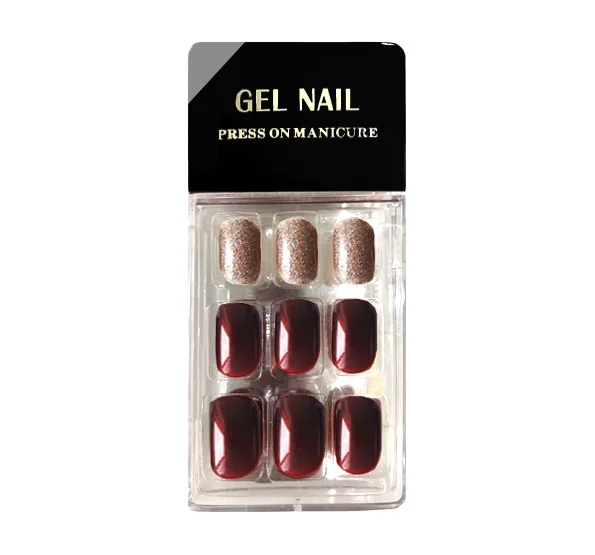 

Luxury pre glued press on nails glitter trendy press on nails wine red nail press on short