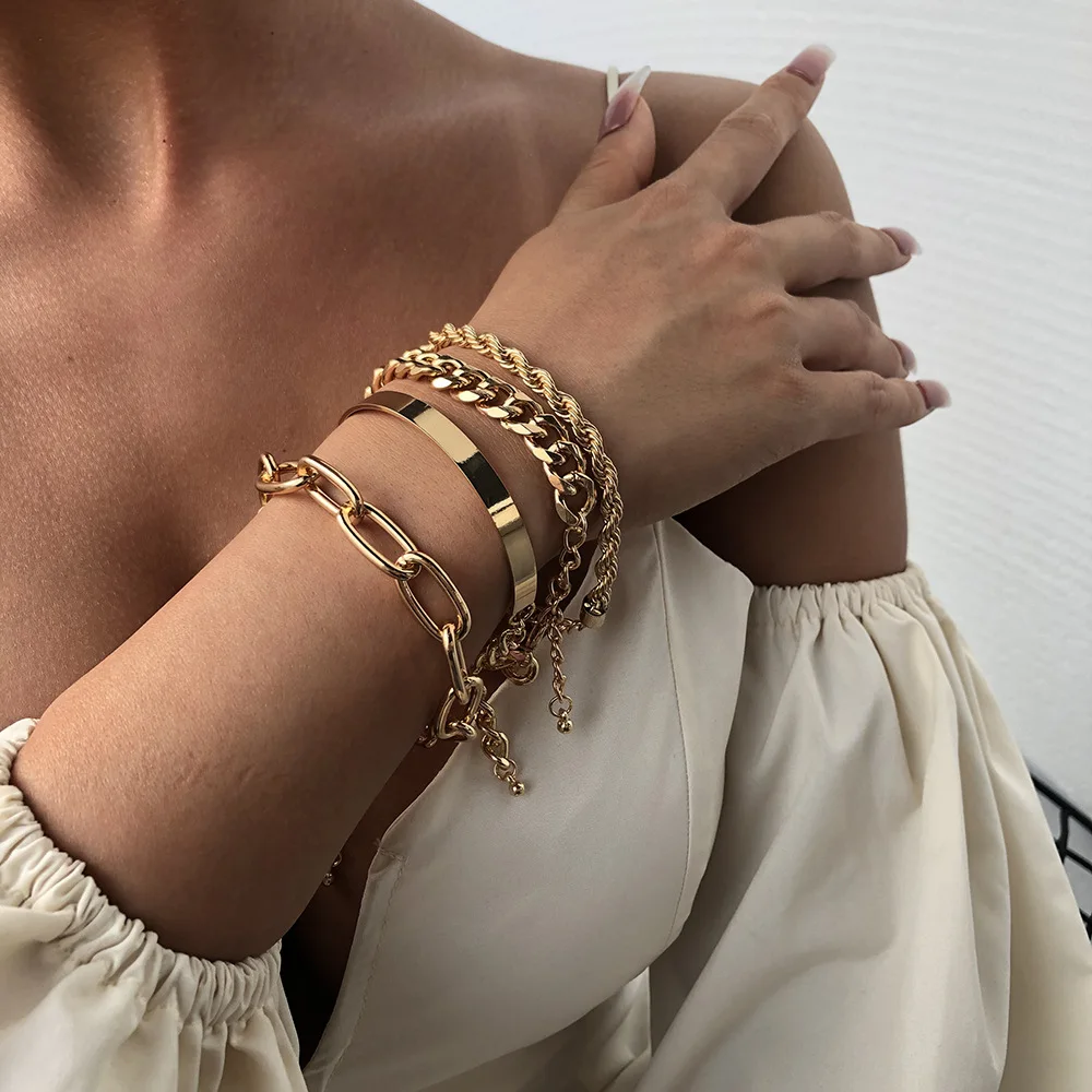 

OUYE New Exaggerated Alloy Thick Chain Bracelet Women European and American Fashion Simple Golden Bracelet, Picture shows