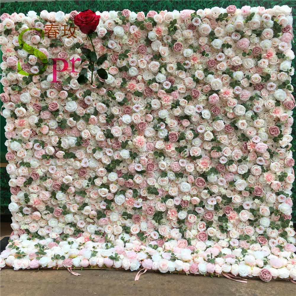 

SPR Roll style fabric back High Quality White Artificial Flower Wall Silk Rose Wall Panels For Wedding backdrop