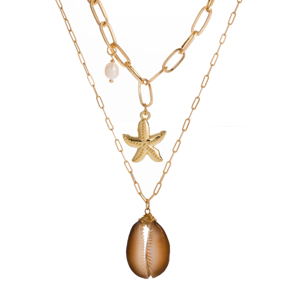 

Stylish Multilayer Necklace Natural Brown Shell Freshwater Pearl Alloy Starfish Pendant Gold Plated Jewelry