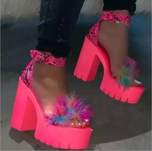 

Summer hot sale belt buckle ostrich fur sandals thick heel platform high heel sandals, Black/beige/rose red