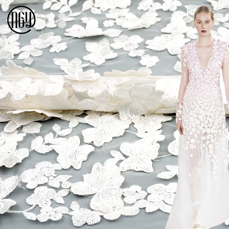

Best selling fashion white tulle romantic handwork embroidery flower 3d fabric for dress, As pictures or customized