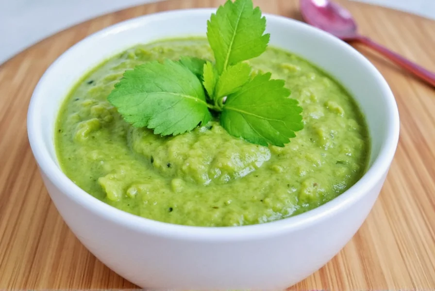 Fresh green coriander coconut chutney in white bowl with lemon wedge