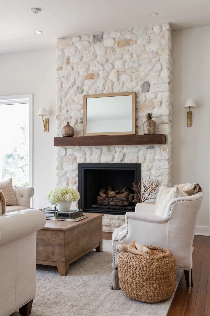 Before and after painted stone fireplace