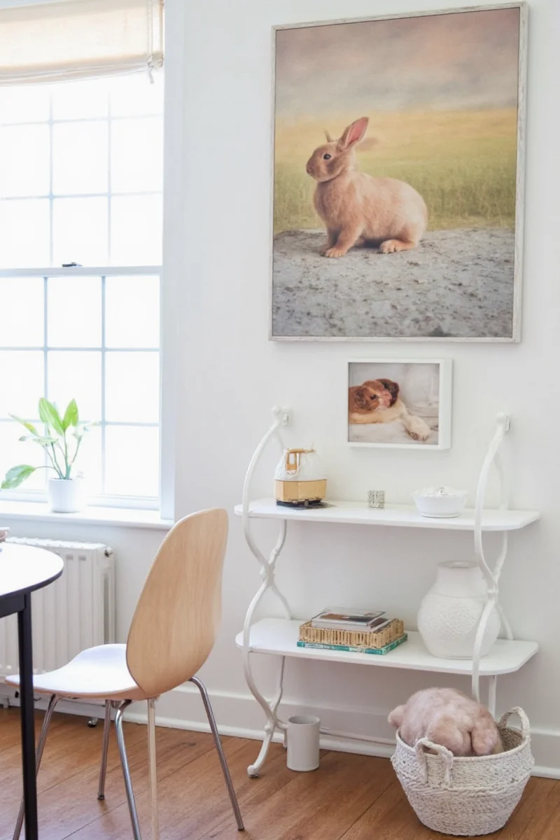 Modern home office with integrated bunny hideaway shelves and chew-safe decorations.