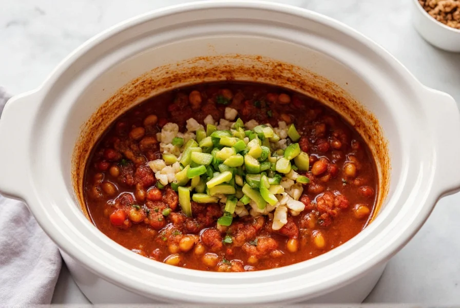 Vegan chili slow cooker recipe with beans, tomatoes, and spices in a ceramic slow cooker with fresh toppings
