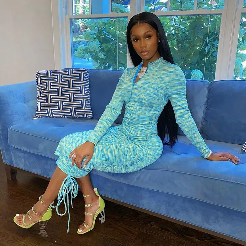 

New design digital print stand collar zipper long sleeve hip wrap dresses for women