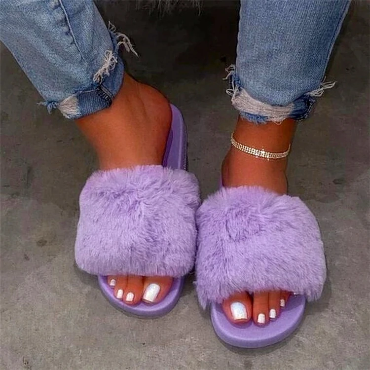 

2020 New Arrival Fall Luxury Diamond Fur Slippers Women Purple Fur Slides With Rhinestones, As pictures or customized color