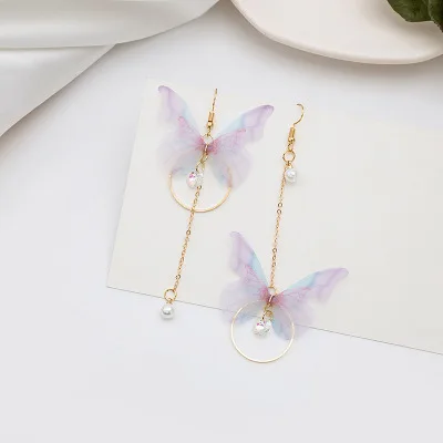 

Korean Retro Asymmetric Cute Butterfly Wings Earrings Gold Plated Long Chain Earrings