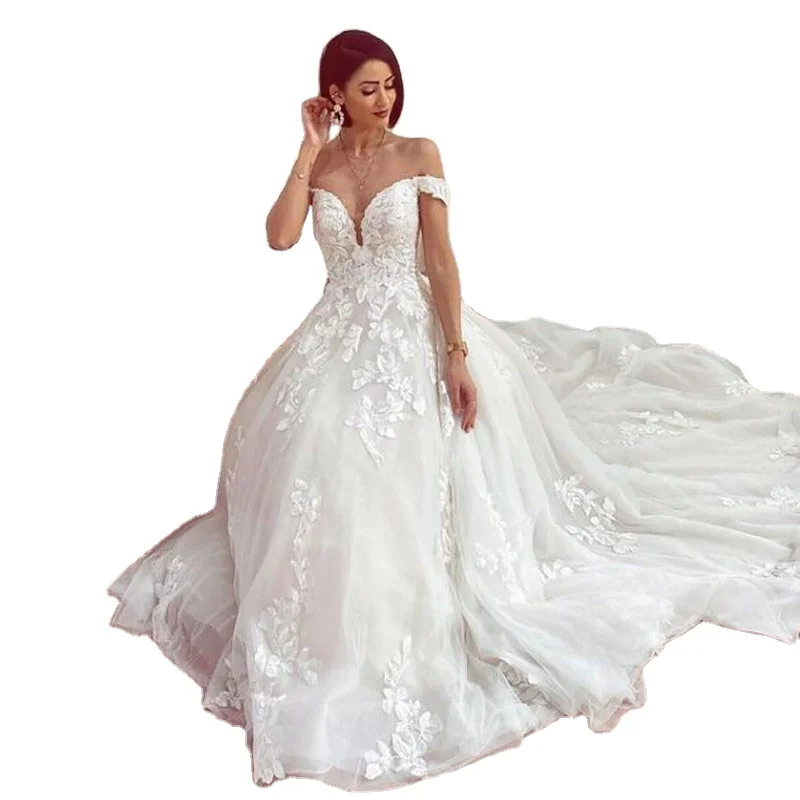 

Lace Wedding Dress Ball Gowns Off The Shoulder Vintage Lace Bridal Dress Long Tail Wedding Dresses