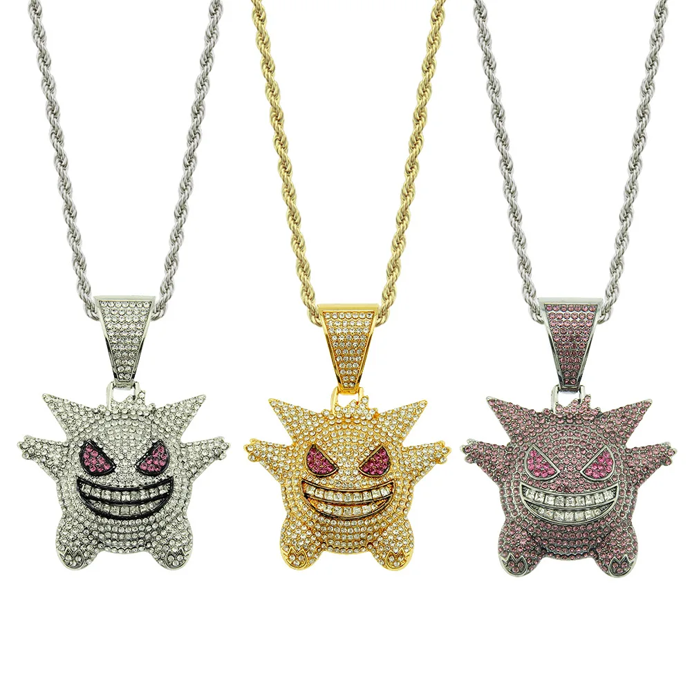 

Black Friday Deals Hip Hop Iced Out 18K Gold Plated Diamond Gengar Pendant Carton Necklace with Rope Chain