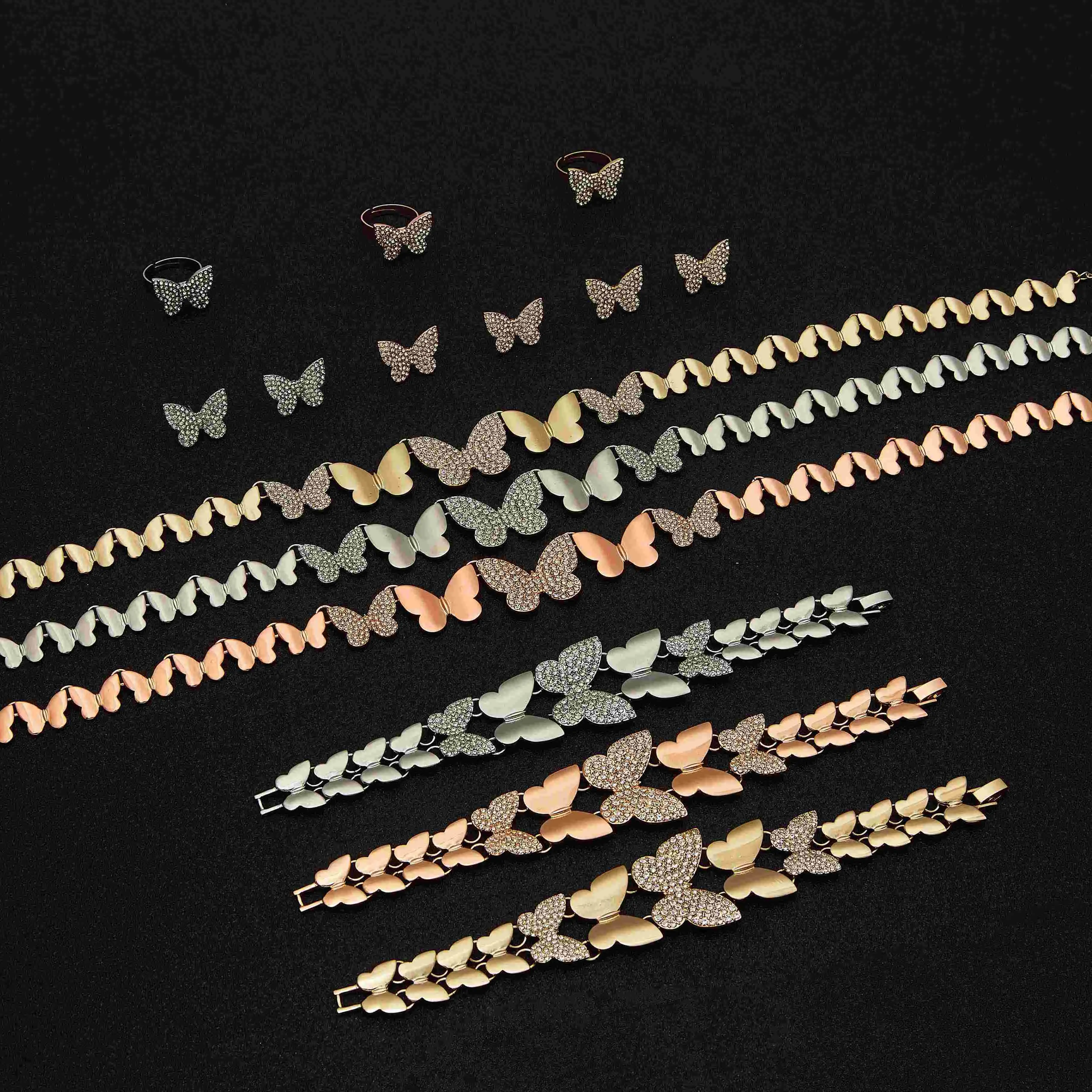 

Three color gold plated high quality alloy Butterfly Necklace Bracelet Earring Ring 4 piece set jewelry, Multi color