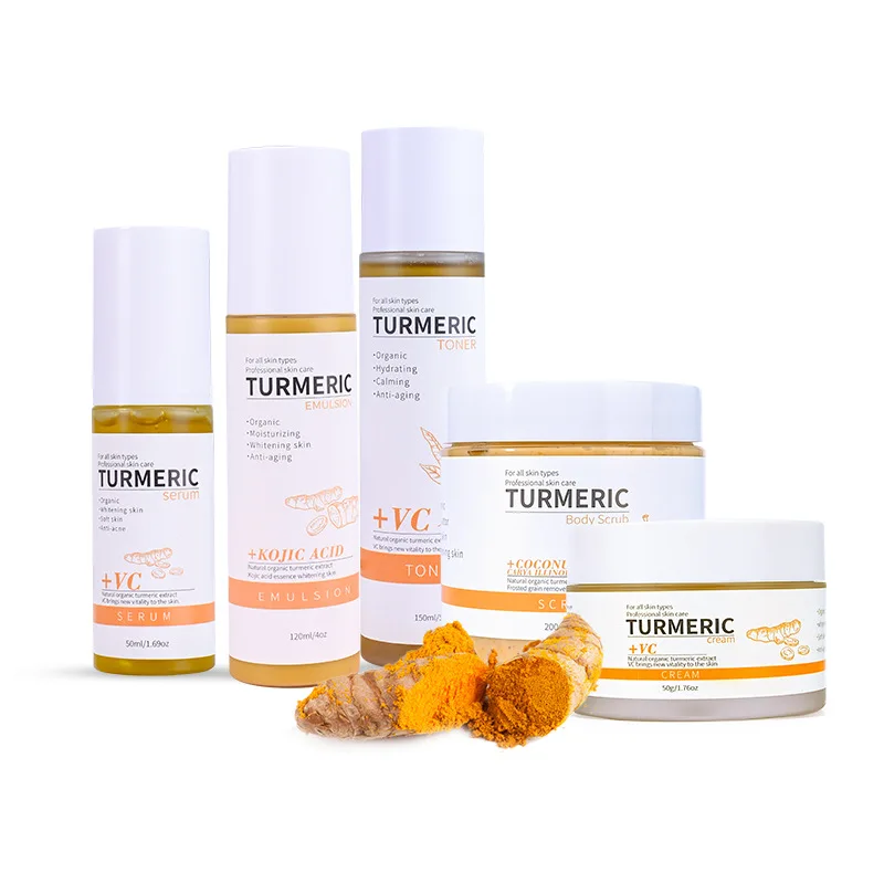 

Factory OEM ODM Skin Care Kit Moisturizing Repair Essence Cream Turmeric Lotion Body Ccrub Turmeric Skin Care Set