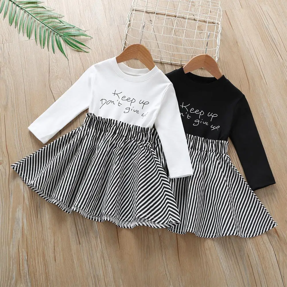 

Promotion Sale Fake-2-piece Letter Printed Tops Zebra Stripe Pleated Skirt Full Sleeve Spring One Piece Daily Wear Dress, Black, white