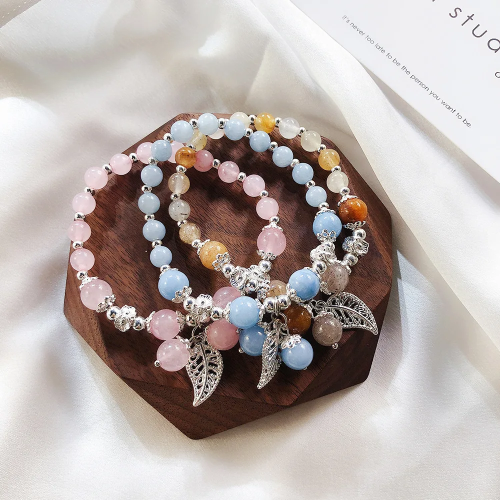 

Female Bohemian Style Crystal Natural Stone Leaves Beads Bracelet Elastic Pink Crystal Stone Beaded Leaves Charm Bracelet