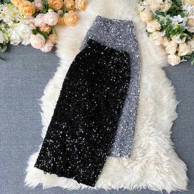 

A561 High Waist Design Women Sequin Midi Skirt