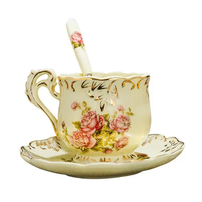 

European-style Phnom Penh Flower Pattern Ceramic Afternoon Tea Coffee Cup and Saucer Set, As the picture show