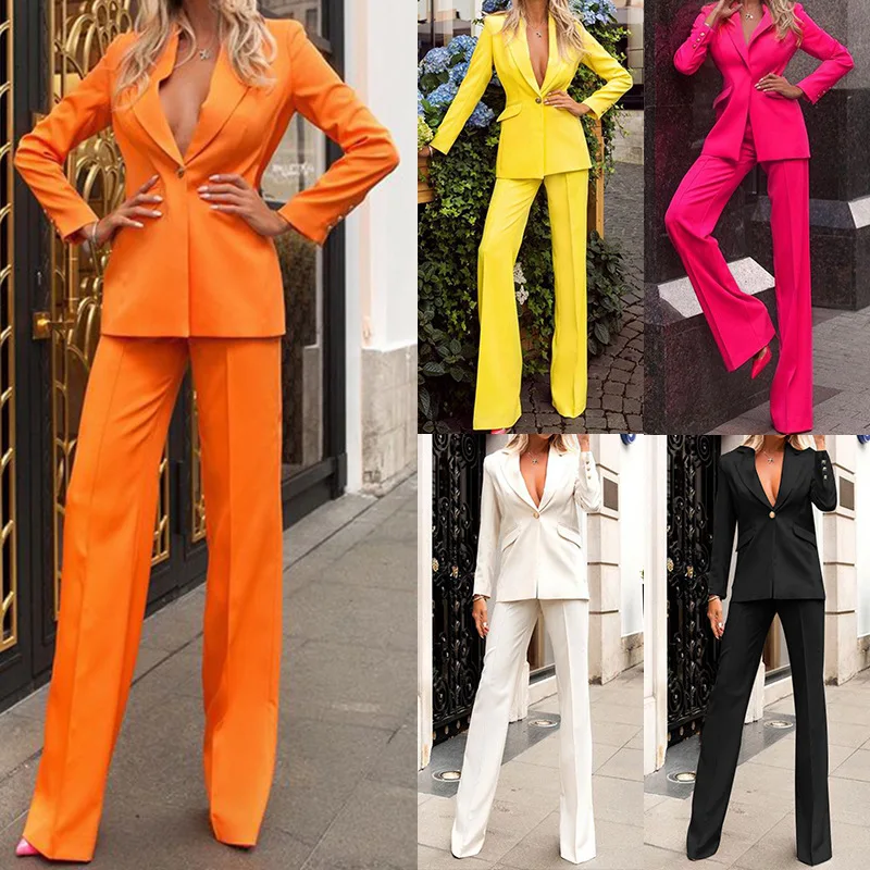 

2021 Factory Wholesale Women's Business Suit Lapel Long Sleeve Button Pocket Decoration Wide Leg Pants Suit Commute