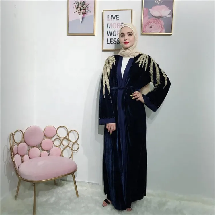 

new arrival high quality velvet quality with lace and pearl fashion design open islamic abaya, Wine red,blue,black