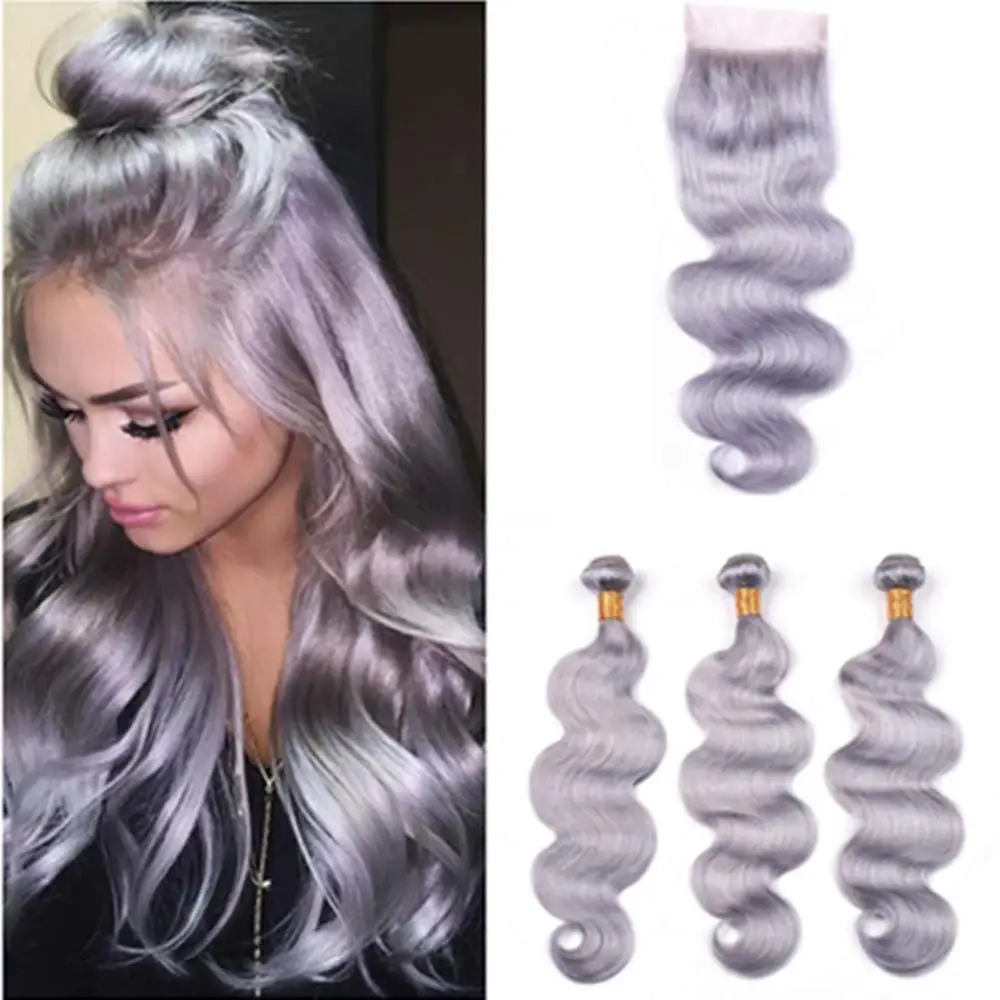 

9A Grade Silver Gray Human Hair Virgin Brazilian Hair Weaves 3 Bundles with Closure body wave Colored Grey Human Hair Bundle