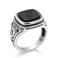 

925 Sterling Silver Square Natural Agate Stone Men Ring, Carved Design Oxidized Silver Rings for Men Turkish Jewelry