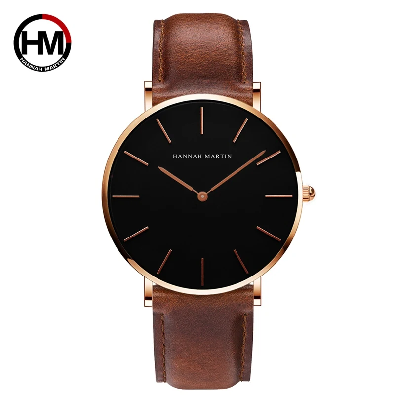 

HANNAH MARTIN CH02 elegant coffee unisex quartz watch original PU leather band water resist rugged Minimalist Casual wristwatch