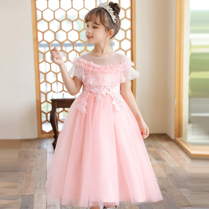 

Children's Mesh Wedding Dress Long Princess Girl's Performance Dress Flower