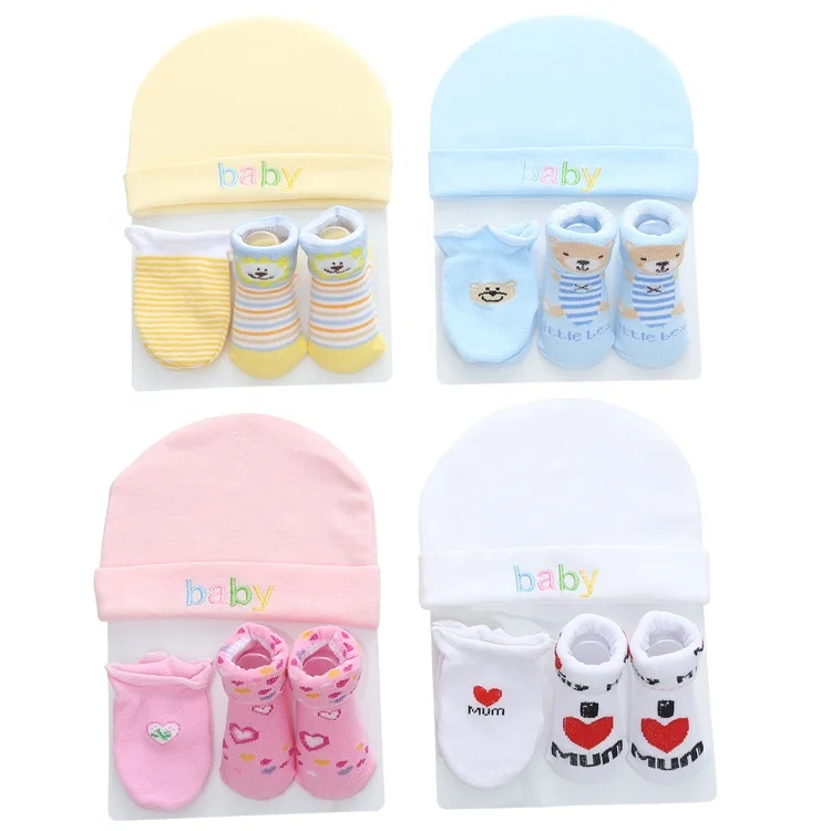 

3pcs 100% cotton soft newborn baby socks with matching baby hat and mittens