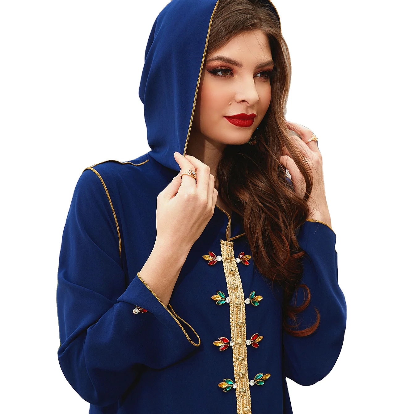 

Premium Design Navy Gold-trimmed Hand-sewn Rhinestone Hooded Robe Abaya, Red, blue