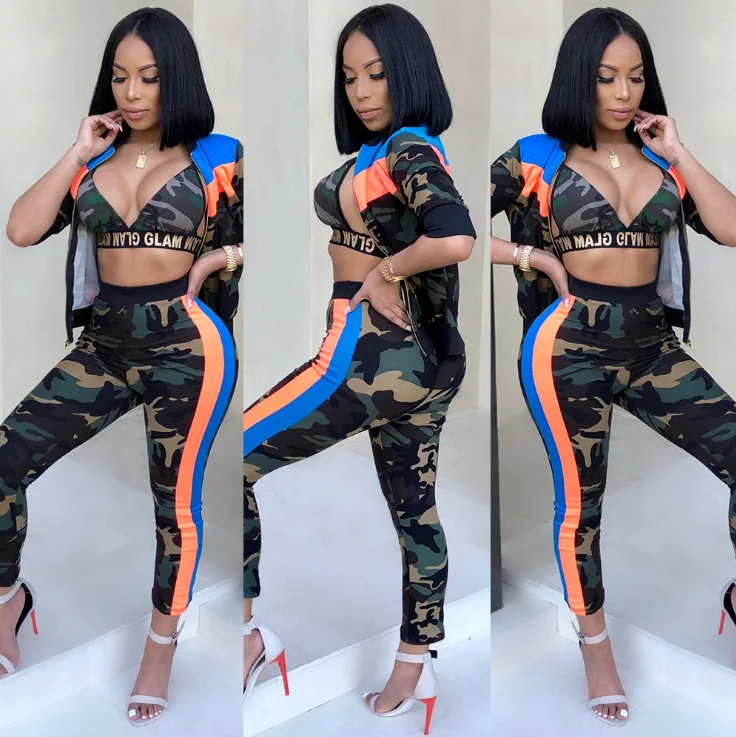 Summer Women Clothing Set Zipper Camouflage Stripe Tops half sleeve Loose Coat+Camisole Long Pants 3 Pcs Outfit Set
