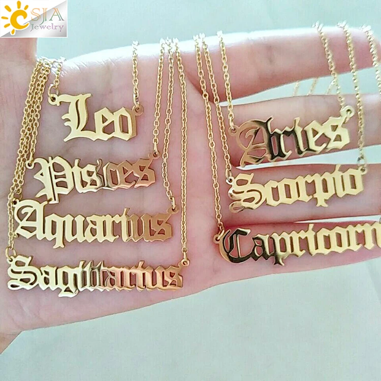 

CSJA hot old english necklaces nameplate 18k gold plated stainless steel 12 horoscope jewelry zodiac sign necklace for women