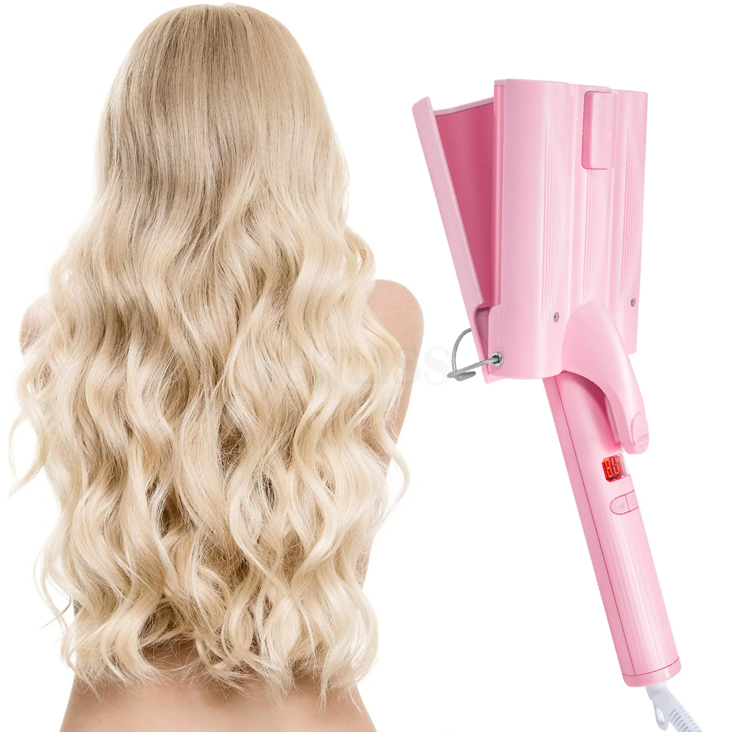 

2019 Factory 3 Barrel Hair Curler With LCD Display Big Wavy hair curler Electric wireless hair curler, Pink