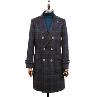 

Tweed check fabric double breasted men long tailored custom coat fashion winter long wool slim fit men's coat