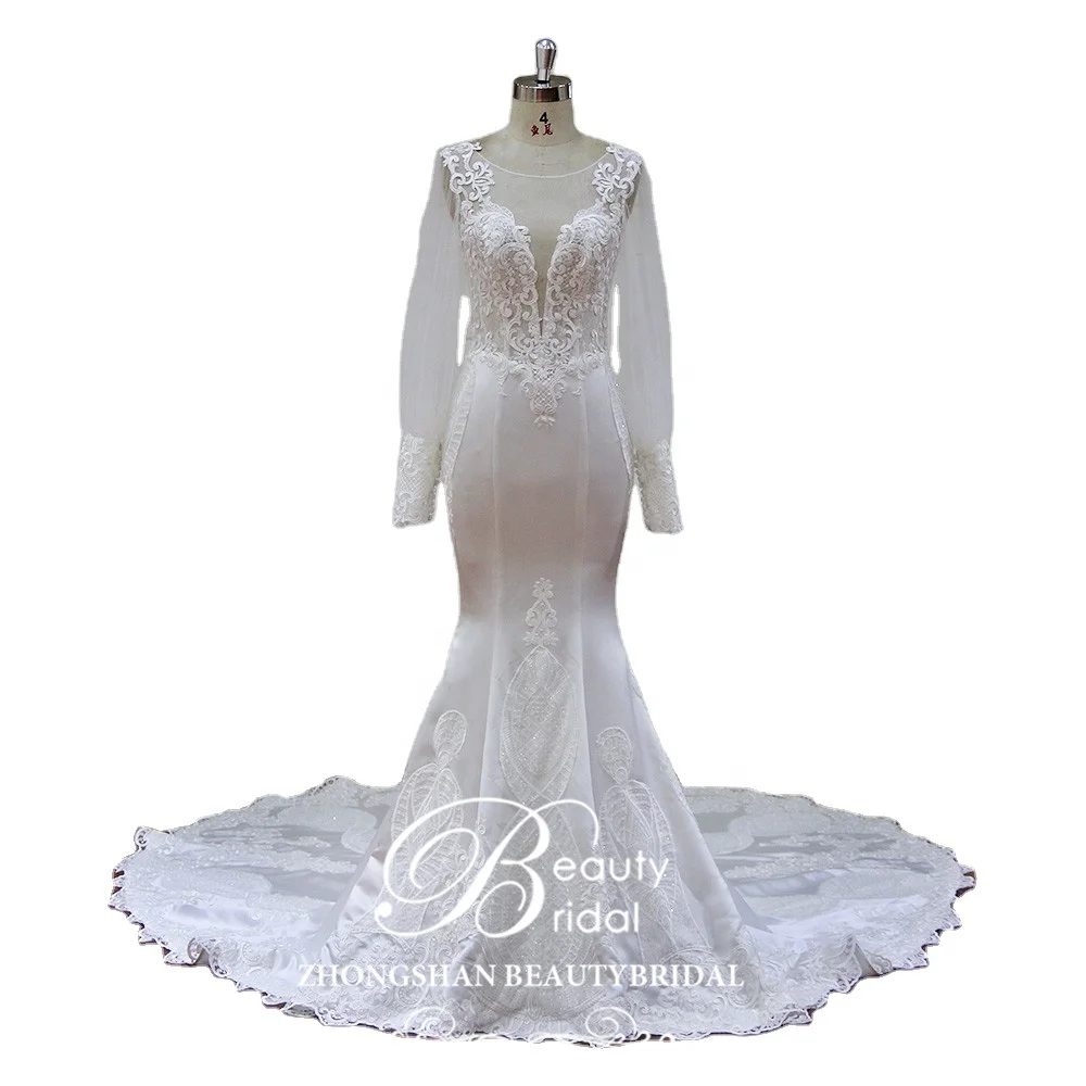 

XF17049 long sleeves low V neckline lace mermaid wedding dress 2021, luxury heavy beading satin wedding gown 2017