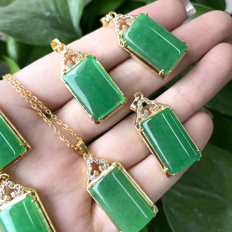 

Jialin INS gold plated chinese bless cloud tags rectangle green natural stone jade pendant necklace, Picture shows