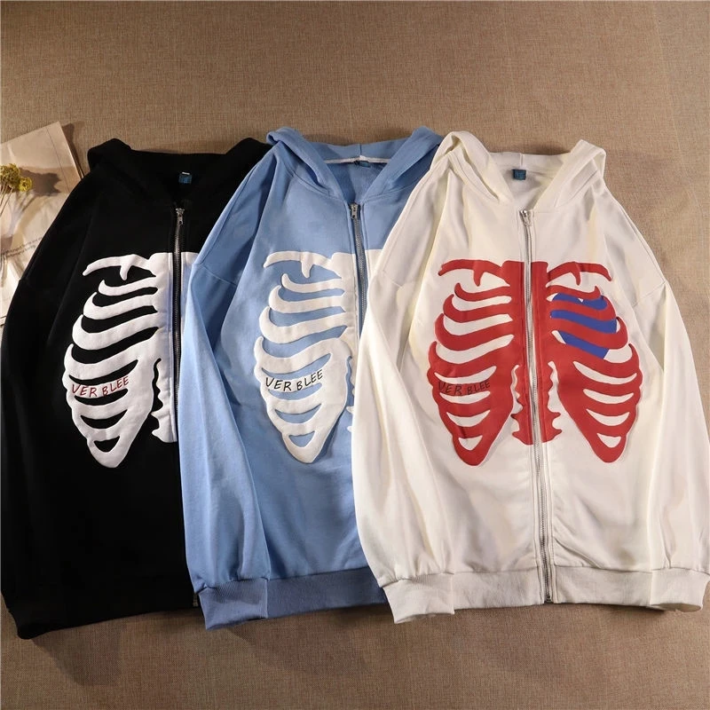 

American Fashion Hot-selling Skeleton Printing Anime Men Women Long-sleeved Zipper Hoodie Jacket Loose Streetwear Y2K Pullover