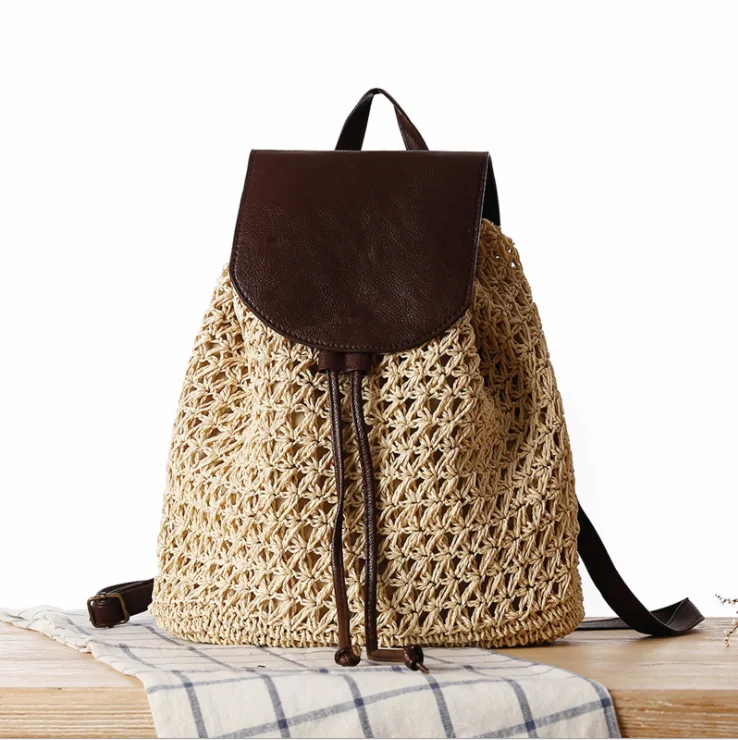 

New Women Straw Backpack Hollow-out Crochet Bag Handmade Rattan female Wicker Backpacks