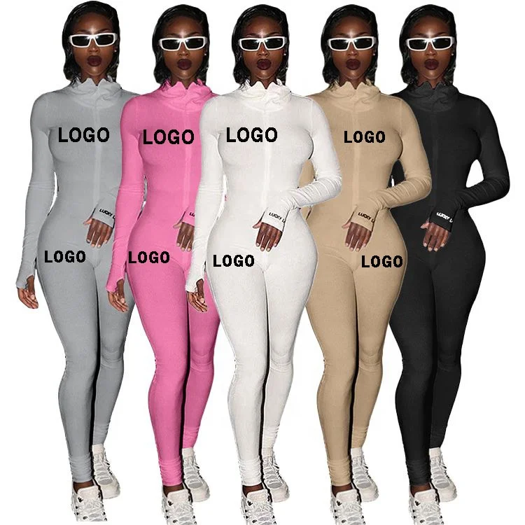 

Custom Fall 2021 Ribbed Romper Adult Jumpsuit Lucky Label Autumn Sport Bodycon Bodysuits For Women Long Sleeve, Colors of one piece jumpsuit women