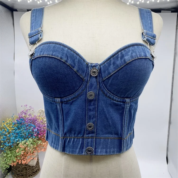 

NT1021 - Bra Top Button Denim Sexy Casual Square Neck Private Label Blue Overall Women Jacket Denim Bustier, Light blue