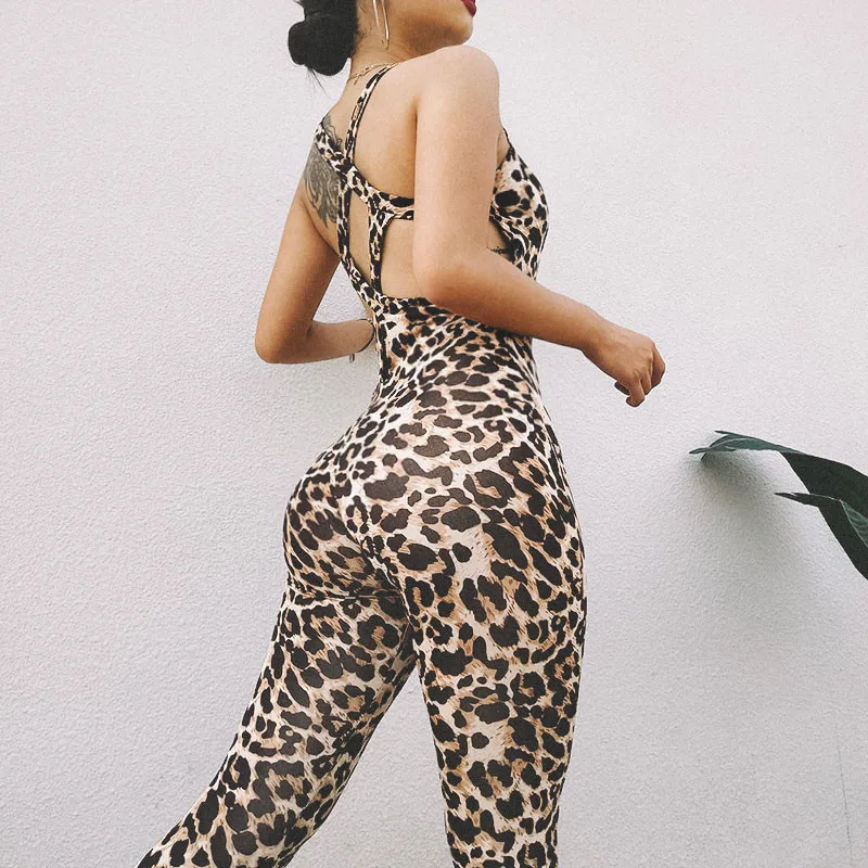 

2021 women's fashion leopard print sports and fitness cutout jumpsuit yoga activewear sexy bodycon bodysuit long jumpsuit, Picture