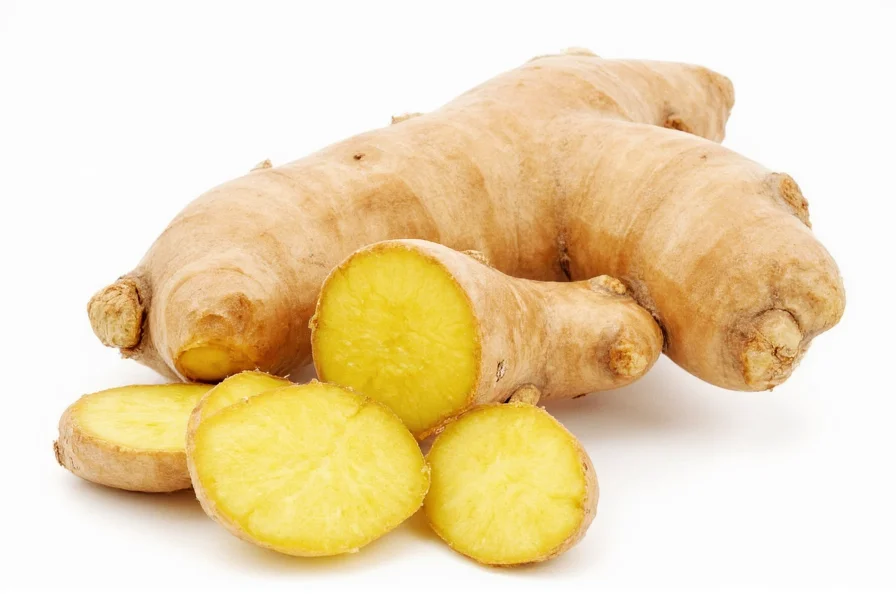 Fresh ginger root with sliced pieces showing fibrous interior and golden color