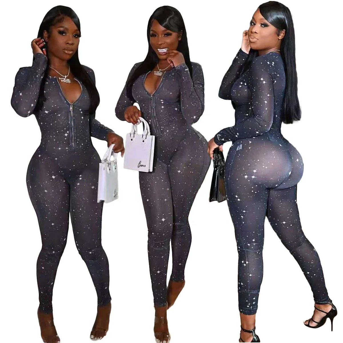 

Black Long Sleeve Streetwear Bodysuit Pants Sexy Mesh See Through One Piece Women Jumpsuit Romper