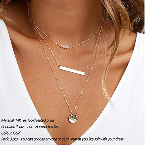 

V&R 14K Gold Plated Y Pendant Pearl Necklace Multilayer Bar Disc Necklace Adjustable Layering Choker Necklaces For Women, Customized