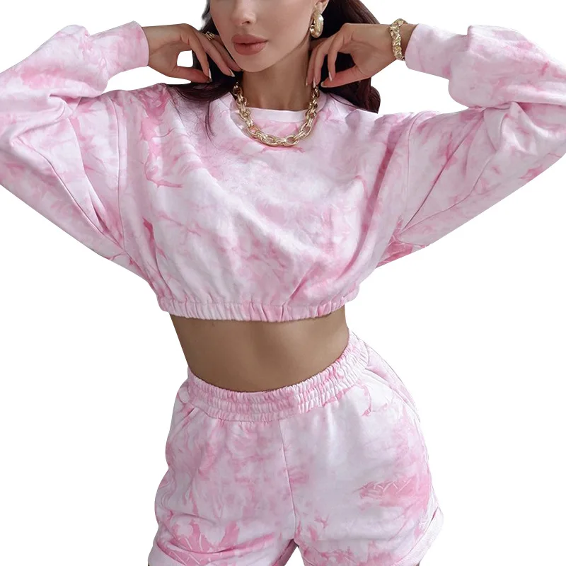 

2020 new arrivals autumn designs women two pieces tie dye long sleeve top with short pants set