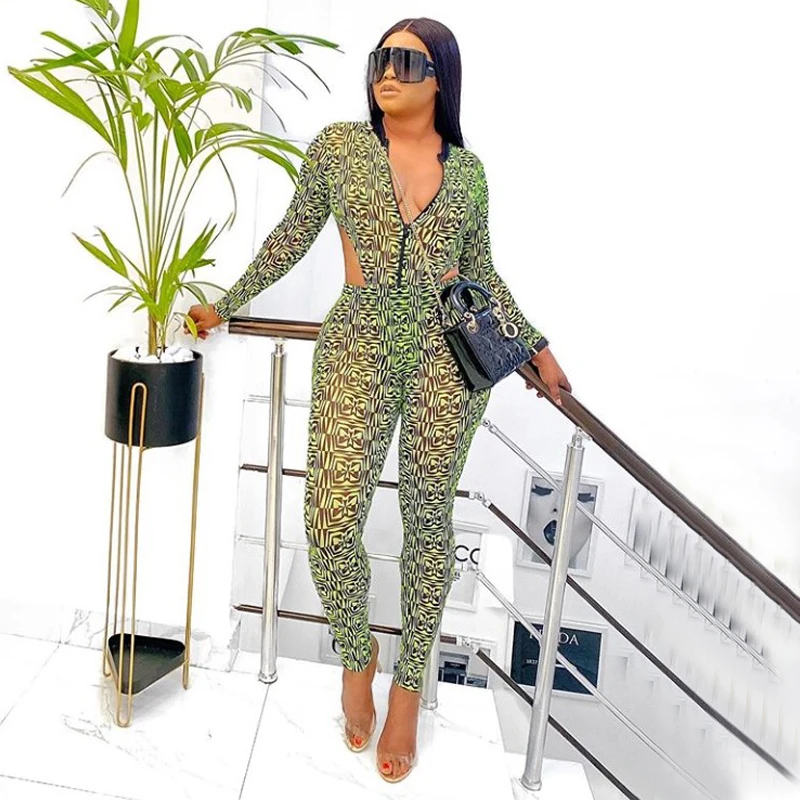 

Deep V-neck Hollow Out Long Sleeves Plus Size Women Fall Jumpsuit Sexy, Green